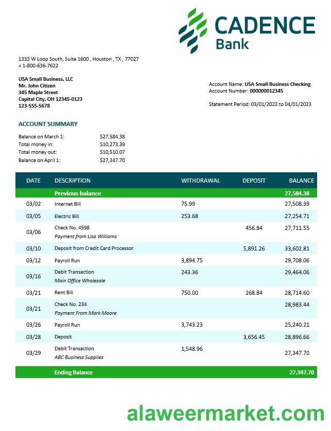 Cadence Bank corporate checking account statement Word and PDF template